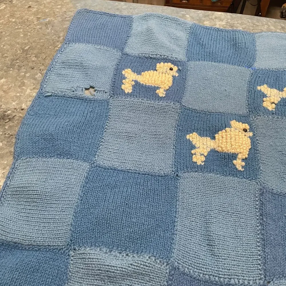 Vintage 1967 Poodle Handmade Quilt Blanket Throw Blue White 60s Retro Mod 34x54